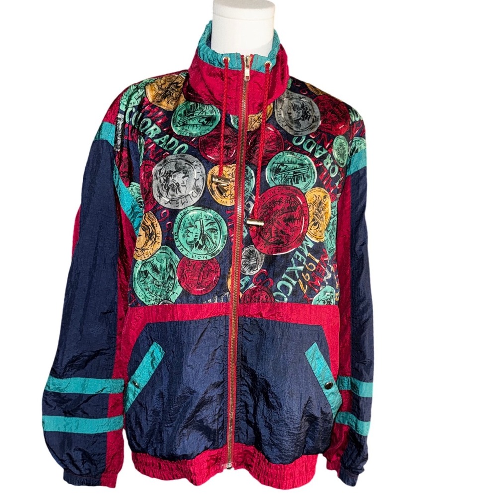 Active Frontier Vintage 90s Windbreaker Jacket Coin Print Colorblock Magenta L